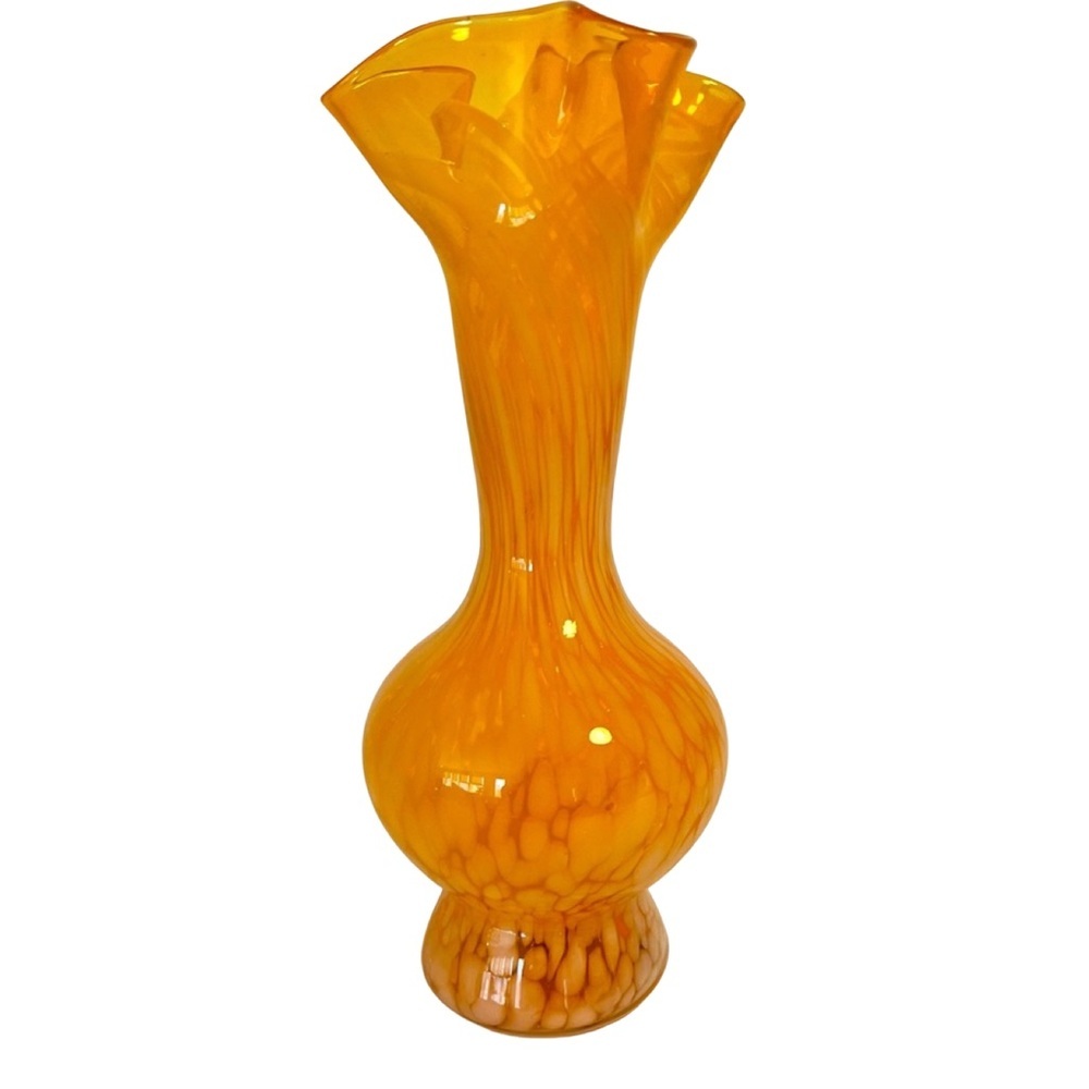 Vintage Orange and White Splatter Glass Vase with Ruffled Edge 6.5” Tall
